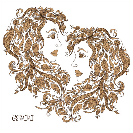 Pattern for coloring book. Hand drawn line flowers art of zodiac Gemini. Horoscope symbol for your use. For tattoo art, coloring books set. のイラスト素材