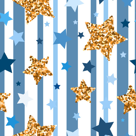 Seamless pattern with gold glitter textured and blue starsのイラスト素材