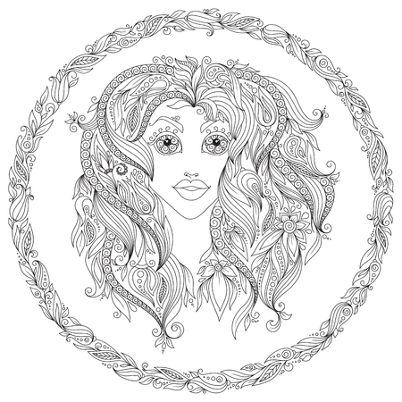 Pattern for coloring book. Hand drawn line flowers art of zodiac Virgo. Horoscope symbol for your use. For tattoo art, coloring books set.のイラスト素材