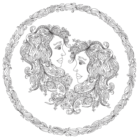 Pattern for coloring book. Hand drawn line flowers art of zodiac Gemini. Horoscope symbol for your use. For tattoo art, coloring books set.のイラスト素材