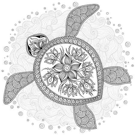 Pattern for coloring book. Coloring book pages for kids and adults. Decorative graphic turtle. Henna Mehndi Tattoo Style Doodlesの写真素材