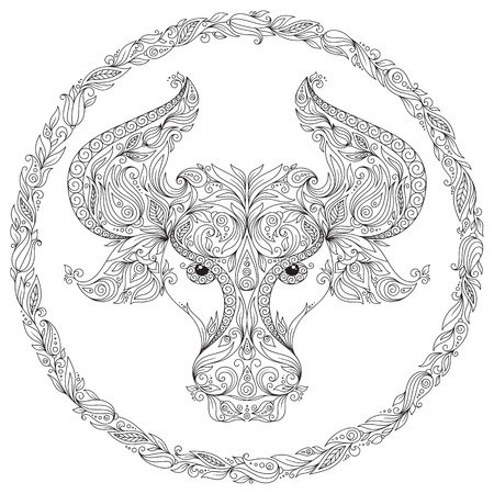 Pattern for coloring book. Hand drawn line flowers art of zodiac Taurus. Horoscope symbol for your use. For tattoo art, coloring books set. Henna Mehndi Tattoo Ethnic Zentangle Doodles style.の写真素材