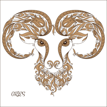 Zodiac sign - Aries. Hand drawn doodle scorpion with elements of the ornament in ethnic style, of lace flowers, tendrils and leavesの写真素材