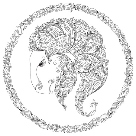 Pattern for coloring book. Hand drawn line flowers art of zodiac Capricornus. Horoscope symbol for your use. For tattoo art, coloring books set. Henna Mehndi Tattoo Ethnic Zentangle Doodles style.の写真素材