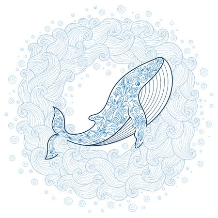 Birthday card with cute whale in cartoon doodle style. Have a whale of a birthday.の写真素材