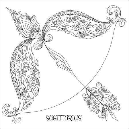 Pattern for coloring book. Hand drawn line flowers art of zodiac Sagittarius. Horoscope symbol for your use. For tattoo art, coloring books set. Henna Mehndi Tattoo Ethnic Zentangle Doodles style.の写真素材