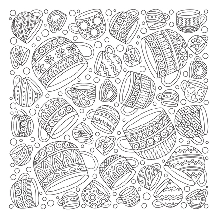 Pattern for coloring book with cups . Doodle, pattern, coffee or tea time.  Ethnic, floral, retro, doodle, vector, tribal design element. Black and whiteのイラスト素材