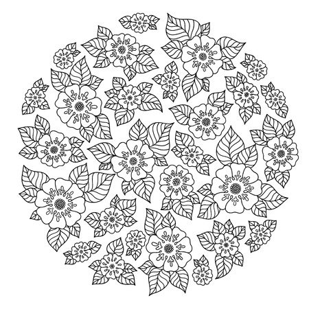 Black and white circle flower ornament, ornamental round lace design. Floral mandala. Hand drawn ink pattern made by trace from personal sketch.のイラスト素材