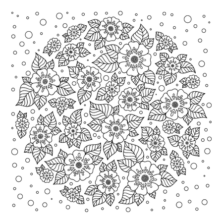 Black and white circle flower ornament, ornamental round lace design. Floral mandala. Hand drawn ink pattern made by trace from personal sketch.のイラスト素材