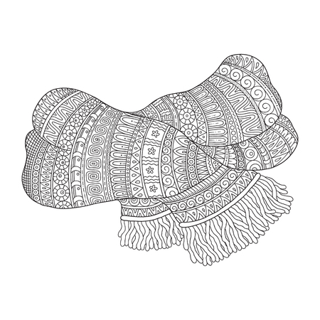 Scarf. Winter, cold, snow. Pattern for coloring book. Winter sketch. Warm clothes, scarf. Hand-drawn vector illustration.のイラスト素材