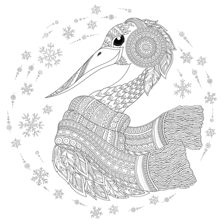 Strok in scarf and  headphones.  For anti stress Coloring Page . Coloring book page for adults and children. Black White Bird collection. Set of illustration.のイラスト素材