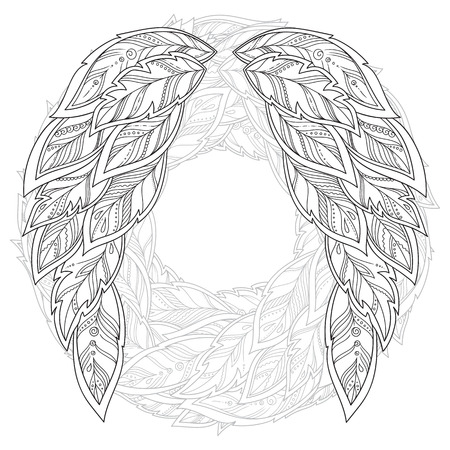 Wings feather. Pattern for coloring book. Ethnic patterned vector illustration.のイラスト素材