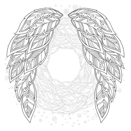 Wings feather. Pattern for coloring book. Ethnic patterned vector illustration. African, indian, totem, tattoo, zentangle design. Sketch for art therapy, coloring page, poster, print or t-shirt.のイラスト素材