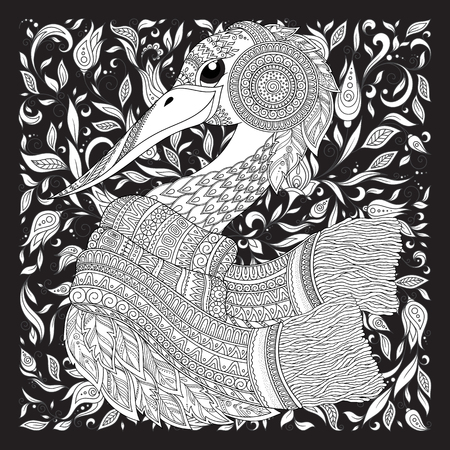 Strok, fantastic flowers, branches, leaves. For anti stress Coloring Page . Coloring book page for adults and children. Black White Bird collection. Set of illustration.のイラスト素材
