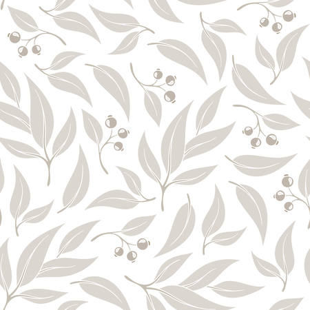 Seamless pattern branches of eucalyptus. Vector illustration. Beige floral backgroundのイラスト素材