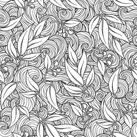 Vector floral seamless pattern. Exotic foliage with eucalyptus leaves, branches. Light grey fairy dahlia silhouette in the jungle on a white background. Coloring book page for children and adults.のイラスト素材