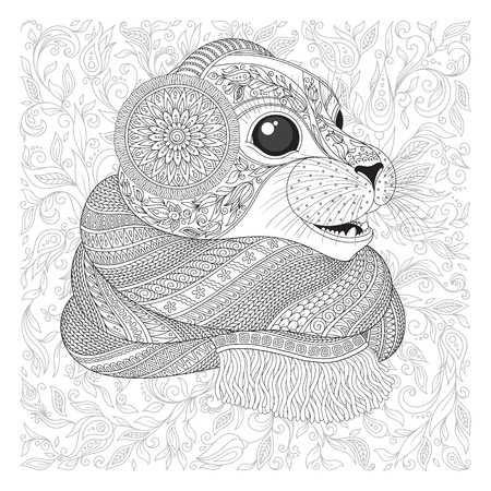 Hand drawn seal l in a scarf  with high details for anti stress coloring page, illustration in tracery style. Sketch for tattoo, poster, print, t-shirt in zendoodle style. Vector.のイラスト素材