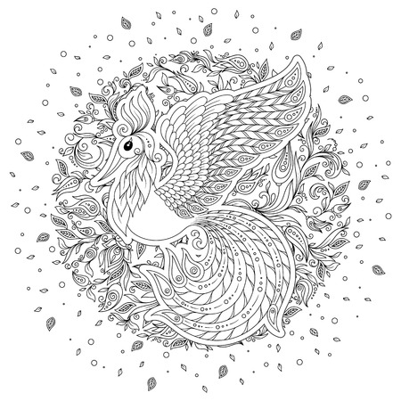 Exotic bird,fantastic flowers, leaves. Firebird for anti stress Coloring Page with high details. Coloring book page for adults and children. Black White Bird collection. Set of illustration.のイラスト素材