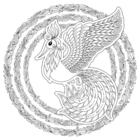Exotic bird,fantastic flowers, leaves. Firebird for anti stress Coloring Page with high details. Coloring book page for adults and children. Black White Bird collection. Set of illustration.のイラスト素材