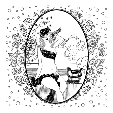 Pattern for coloring book for adult. Vintage girl in bathroom. Set of illustrations.のイラスト素材