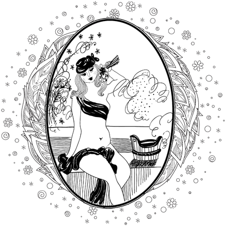 Pattern for coloring book for adult. Vintage girl in bathroom. Set of illustrations.のイラスト素材