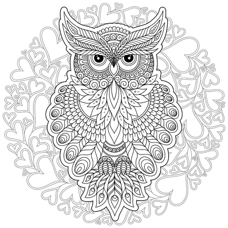 Coloring book for adult and older children. Coloring page with cute owl. Outline drawing in doodle style.のイラスト素材