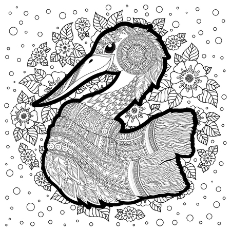 Hand drawn Stork for adult anti stress coloring pages, post card, t-shirt print, Wedding invitation. Bird illustration in doodle style, tattoo monochrome design. Animal sketch.のイラスト素材