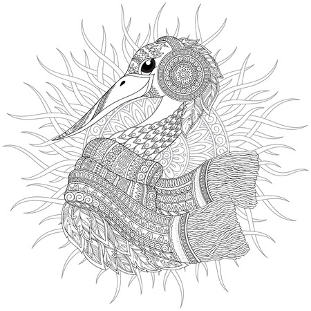 Hand drawn Stork for adult anti stress coloring pages, post card, t-shirt print, Wedding invitation. Bird illustration in doodle style, tattoo monochrome design. Animal sketch.のイラスト素材