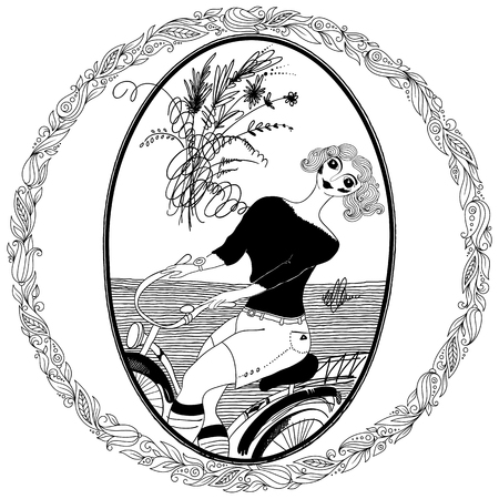 Pattern for coloring book for adult. Vintage girl rides a bicycle. Set of illustrations.のイラスト素材