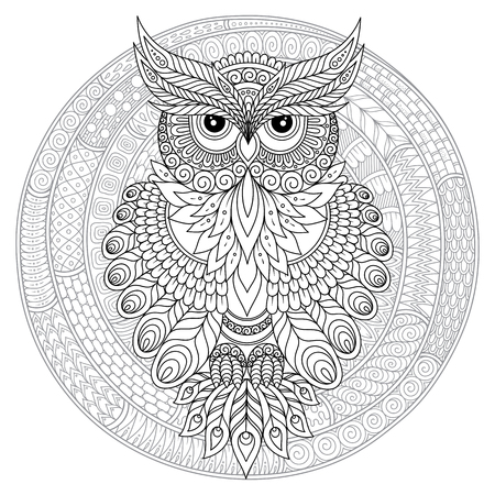 Decorative cartoon owl in style. Page for adult coloring book.Hand drawn vector illustration isolated on white.のイラスト素材