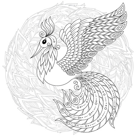 Cute bird in fantasy flower garden. Animals. Hand drawn doodle. Ethnic patterned illustration. African, indian, totem tatoo design. Sketch for avatar, tattoo, poster, print or t-shirt.のイラスト素材