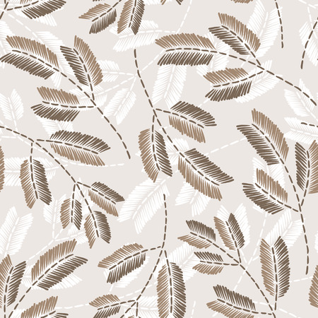 Beautiful vintage hand drawn leaf seamless pattern. Cute decoration for home decor. Embroidery stitches imitation.のイラスト素材