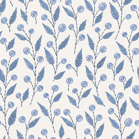 Embroidery floral seamless pattern on linen cloth texture  for textile, home decor, fashion, fabric.  stitches imitationのイラスト素材