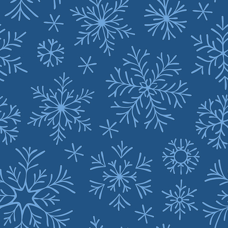 Hand drawn doodle seamless pattern. Blue snowflakes on a dark background. For fabric, textile, wrapping paper, card, invitation, wallpaper, web design.のイラスト素材