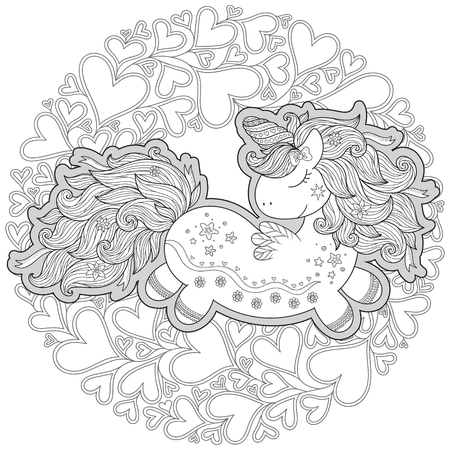 Unicorn in hearts. Coloring book for adult and older children. Outline drawing coloring page.のイラスト素材