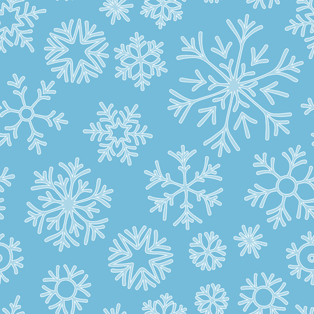 Hand drawn doodle seamless pattern. Blue snowflakes on a dark background. For fabric, textile, wrapping paper, card, invitation, wallpaper, web design.のイラスト素材