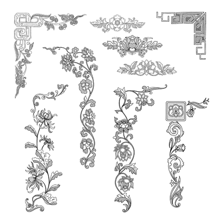 Vintage vector set calligraphic design elements for border ornaments. Decoration corners elegance illustration.のイラスト素材