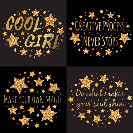 Set slogans among the stars. Hand drawn motivation, inspiration phrase. Isolated print.のイラスト素材
