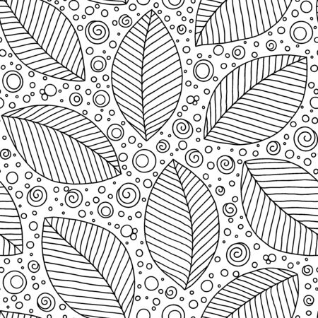 Seamless doodle  leaves pattern for coloring book. Ethnic, floral, retro, vector, tribal design element. Black and white background.のイラスト素材