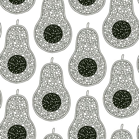 Line doodle art avocado seamless pattern. Black and white graphics linear. Hand drawing.のイラスト素材