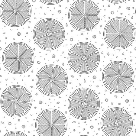 Lemon, lime seamless pattern. Exotic fruits black and white contour backgroundのイラスト素材