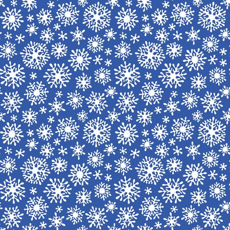 Hand drawn doodle seamless pattern. White snowflakes on a dark background. For fabric, textile, wrapping paper, card, invitation, wallpaper, web design.のイラスト素材