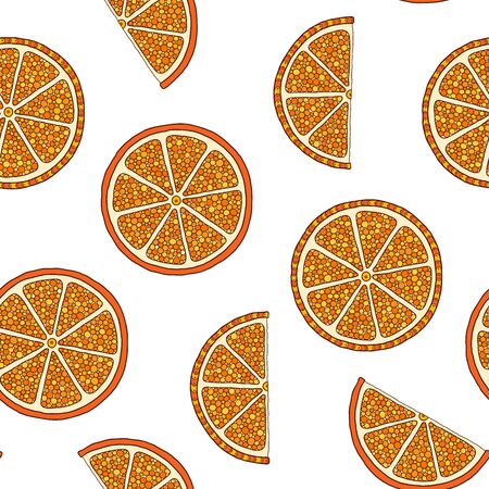 Oranges slices seamless pattern. Hand drawn fresh tropical citrus fruit. Multicolored sketch background. Colorful doodle wallpaper.のイラスト素材