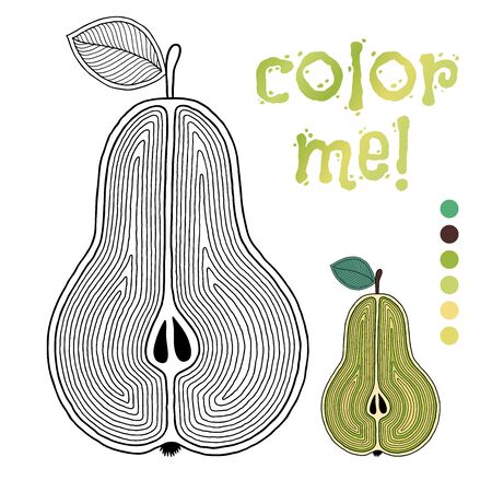Coloring book page for children with outlines of pear and a colorful copy of it. Illustration for kids education or adult antistress.のイラスト素材