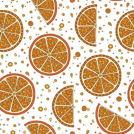 Oranges slices on a white background seamless pattern. Hand drawn illustration in doodle style for summer cover, citrus tropical wallpaper, vintage texture. のイラスト素材