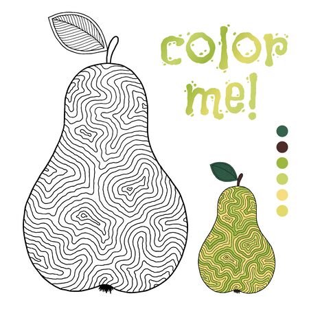 Coloring book page for children with outlines of pear and a colorful copy of it. Illustration for kids education or adult antistress. Hand-drawn, doodle. Set of illustrations.のイラスト素材