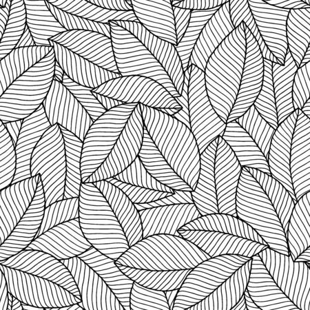 Seamless doodle  leaves pattern for coloring book. Ethnic, floral, retro, vector, tribal design element. Black and white background.のイラスト素材