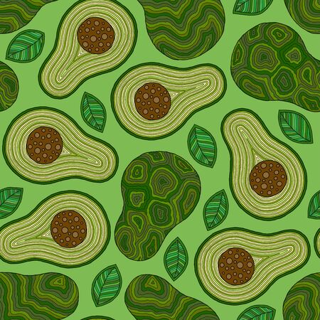Avocado cartoon seamless pattern on green background. Banner, poster, wrapping paper, modern textile design, promotional materialのイラスト素材