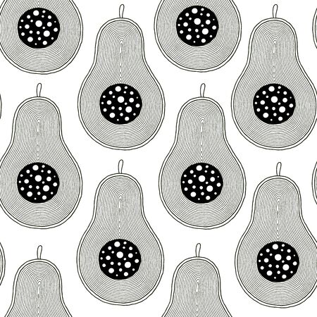 Line doodle art avocado seamless pattern. Black and white graphics linear. Hand drawing. Good for textile printing and adult coloring books.のイラスト素材
