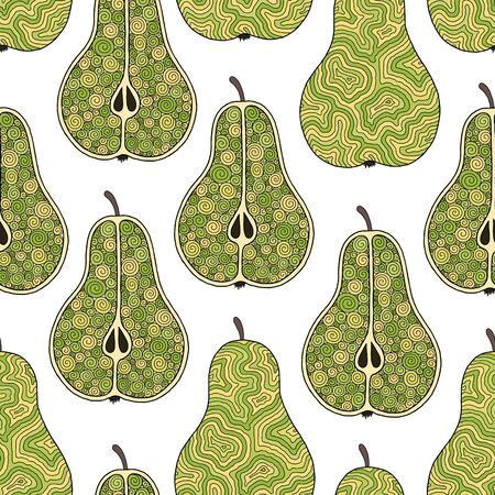 Frash pears modern beauty doodle seamless pattern. Hand drawn overlapping backdrop. Vector cartoon illustration design. Can be used for wallpaper, pattern fills, web page background, surface texturesのイラスト素材
